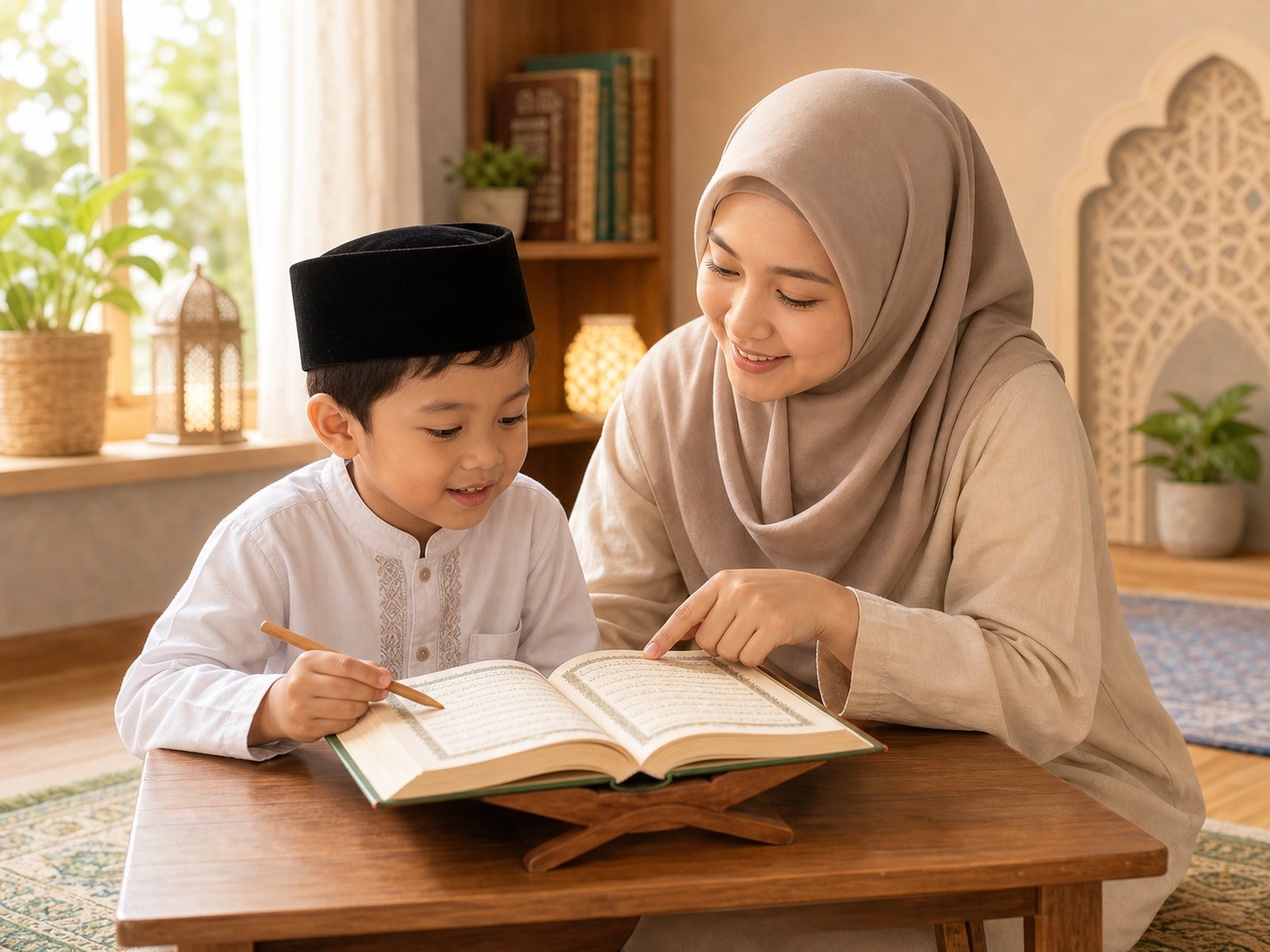 Anak belajar mengaji bersama pendamping