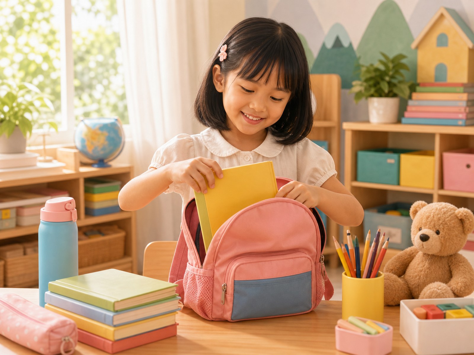 Anak menyiapkan tas dan buku untuk masuk sekolah