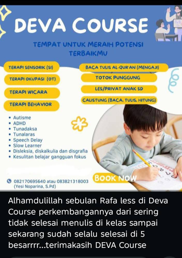Testimoni orang tua tentang perkembangan menulis anak di Deva Course